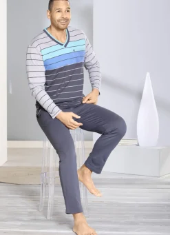HAJO NACHTMODE Herrenwäsche|Nachtwäsche>Hajo Klima Komfort Schlafanzug mit V-Ausschnitt und garngefärbtem Ringel GRAFIT-GRAU-BLEU