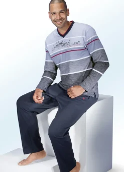 HAJO NACHTMODE Nachtwäsche|Herrenwäsche>Hajo Klima Komfort Schlafanzug mit V-Ausschnitt MARINE-HELLBLAU