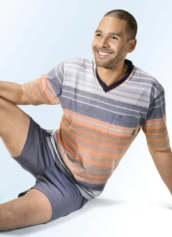 HAJO NACHTMODE Nachtwäsche|Herrenwäsche>Hajo Klima Komfort Shorty mit garngefärbtem Ringeldessin und V-Aussschnitt GRAFIT-BUNT