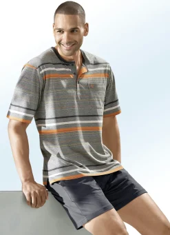 HAJO NACHTMODE Herrenwäsche|Nachtwäsche>Hajo Klima Komfort Shorty mit Knopfleiste GRAFIT-BUNT