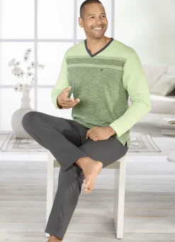 Herrenwäsche|Nachtwäsche>Hajo Klimakomfort Schlafanzug mit V-Ausschnitt GRÜN-GRAU
