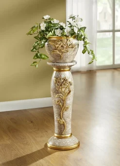 Dekoration>Handbemalte Säule mit Übertopf HELLBRAUN-GOLD