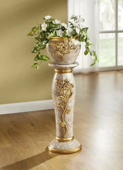 Dekoration>Handbemalte Säule mit Übertopf HELLBRAUN-GOLD