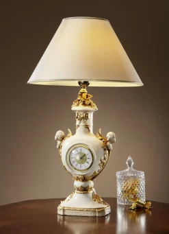 Möbel>Handbemalte Tischleuchte mit Uhr CREME-GOLD