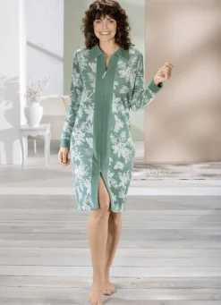 PLANTIER Homewear & Freizeitmode|Damenwäsche>Hauskleid mit Seitennahttaschen LINDGRÜN-ECRU