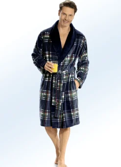 Sport- & Freizeitmode|Bademode>Hausmantel mit Schalkragen MARINE-BUNT