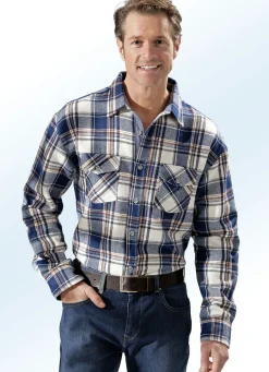 Hemden>Hemd in Fischgrat-Optik aus reiner Baumwolle BLAU-BRAUN-ECRU