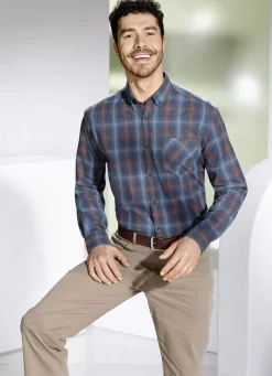 Hemden>Hemd mit Button-Down-Kragen JEANSBLAU-TERRAKOTTA KARIERT