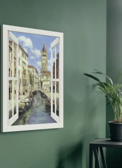 Dekoration>Hochwertiges Leinwandbild Venedig – mit weißem Fenster WEISS-BLAU