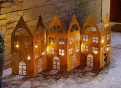 Außendekorationen>Häuser-Silhouette in optik mit integrierter Lichterkette ROST