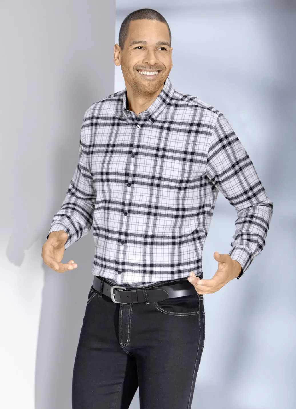 Hemden>Kariertes Hemd mit Button-Down-Kragen WEISS-SCHWARZ