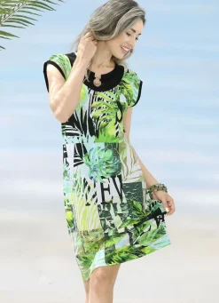 Bade- & Strandmode|Kleider>Kleid mit farbbrillantem Druckdessin und überschnittenen Ärmeln GRÜN-BUNT