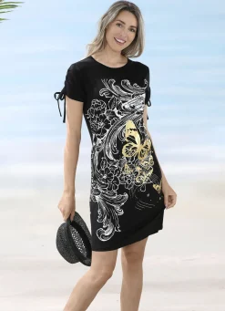 Bade- & Strandmode|Kleider>Kleid mit platziertem Druckdessin und raffbaren, kurzen Ärmeln