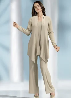 KLAUS MODELLE MADE IN GERMANY Abendmode>Kombination, 3-tlg. mit Verzierung am Kragen SAND