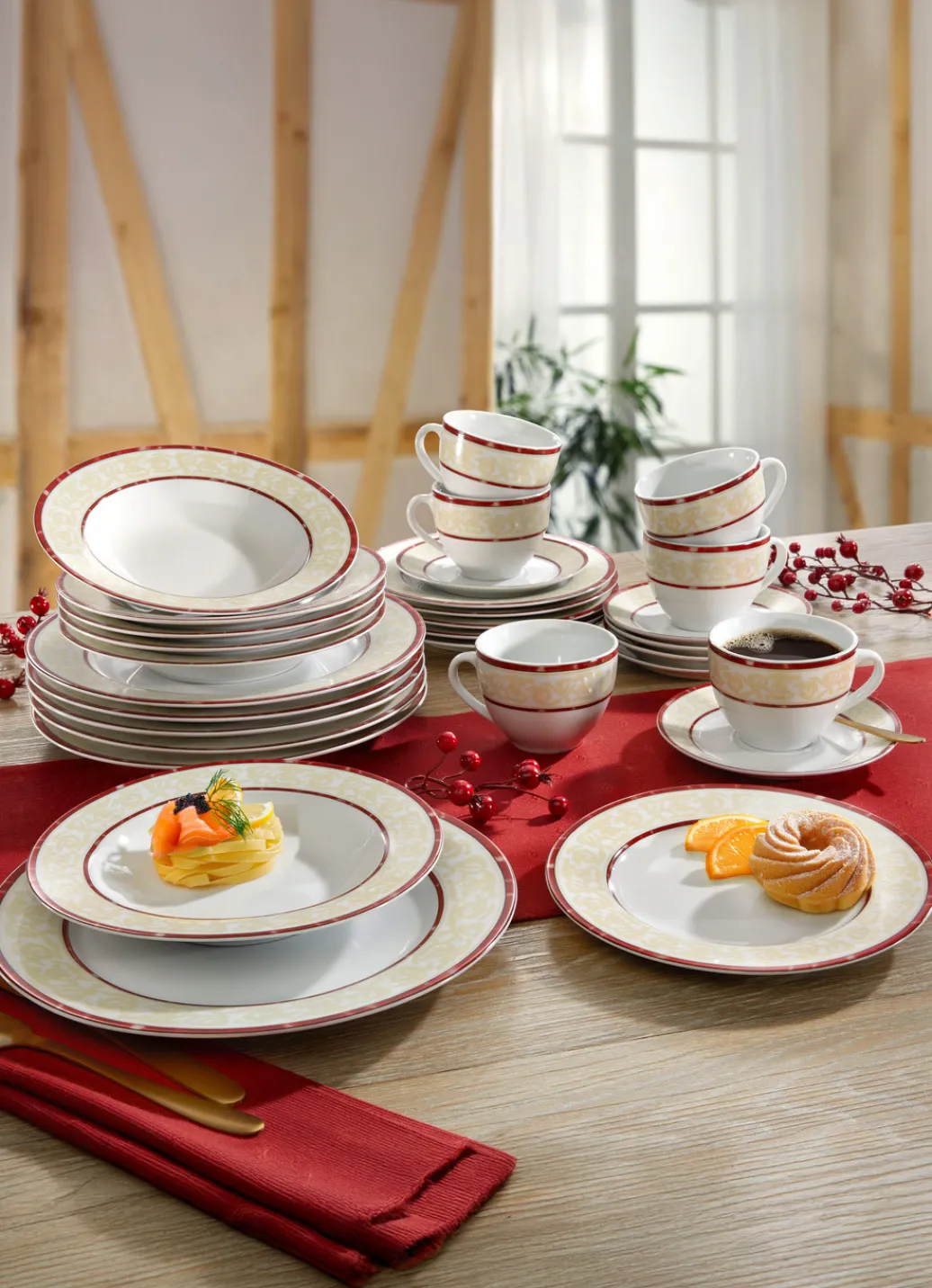 Arte Viva Porzellan>Kombi-Service Firenze, 30-teilig WEISS-ROT