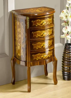 Möbel>Kommode aus massivem Buchenholz mit Intarsien NUSSBAUM