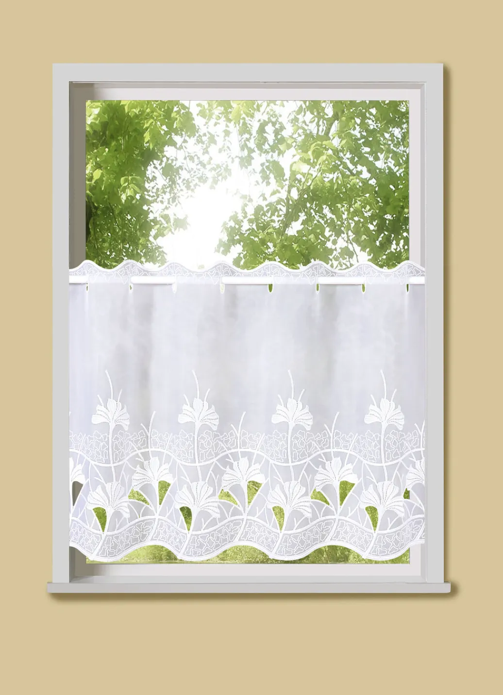 PLAUENER STICKEREI Heimtextilien>Kurzstore Ginko mit Stangendurchzug WEISS