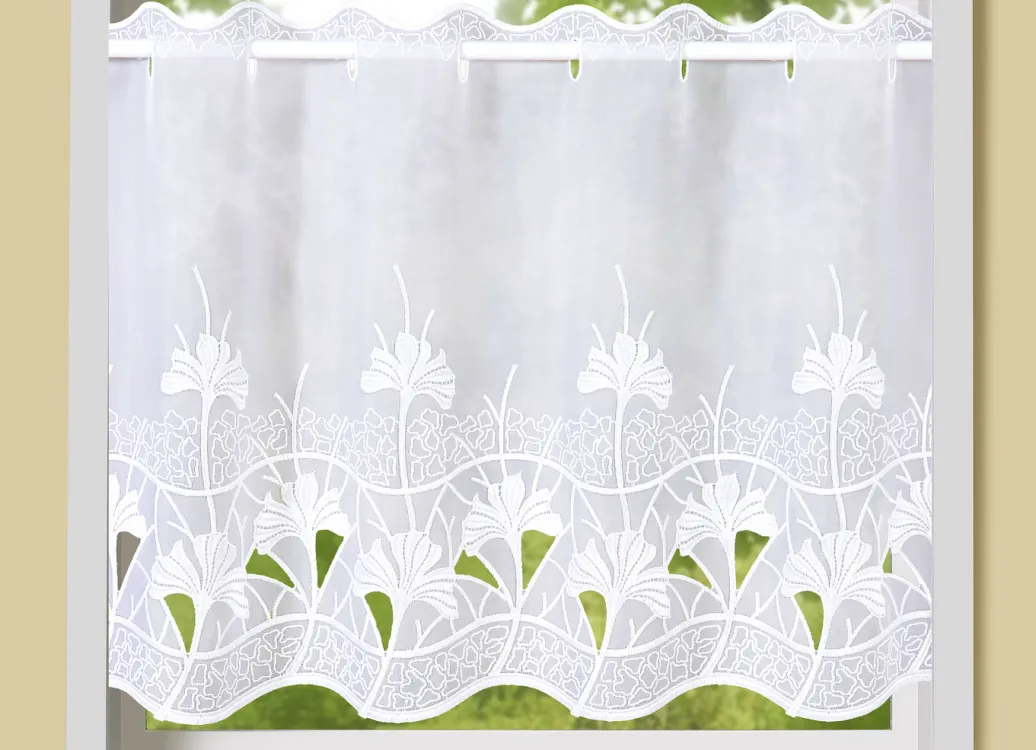 PLAUENER STICKEREI Heimtextilien>Kurzstore Ginko mit Stangendurchzug WEISS