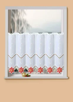 PLAUENER STICKEREI Fensterdekorationen|Heimtextilien>Kurzstore mit Blüten-Weihnachtsstern WEISS-ROT
