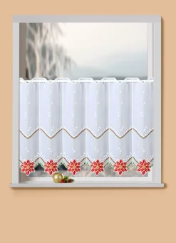 PLAUENER STICKEREI Fensterdekorationen|Heimtextilien>Kurzstore mit Blüten-Weihnachtsstern WEISS-ROT