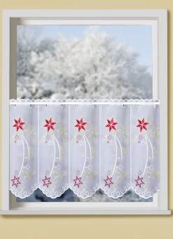 PLAUENER STICKEREI Fensterdekorationen|Heimtextilien>Kurzstore mit echter und metallisiertem Garn WEISS-ROT-GOLD