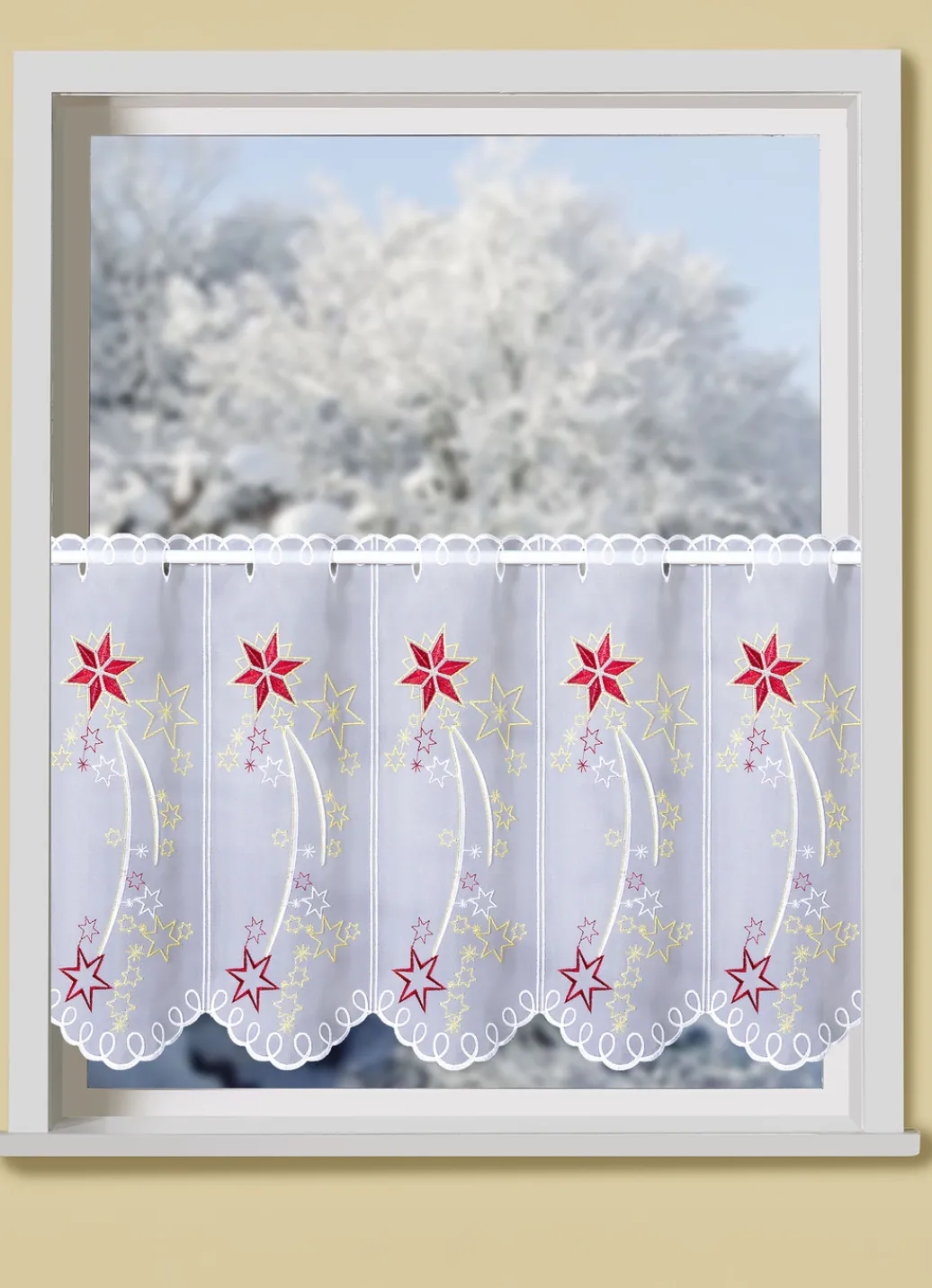 PLAUENER STICKEREI Fensterdekorationen|Heimtextilien>Kurzstore mit echter und metallisiertem Garn WEISS-ROT-GOLD