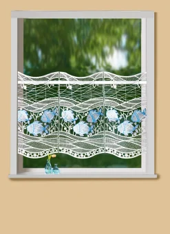 PLAUENER STICKEREI Heimtextilien>Kurzstore mit Fische-Motiv und ECRU-AQUA