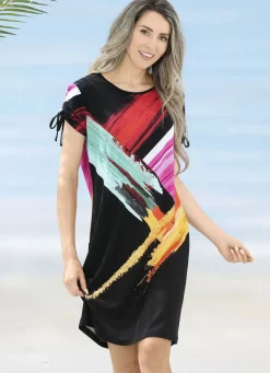 LAURINA Bade- & Strandmode|Kleider>Kleid mit Druckdessin und raffbaren Ärmeln SCHWARZ-BUNT