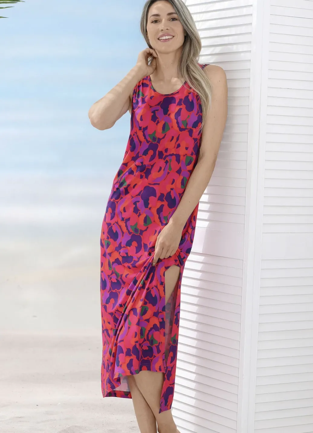 LAURINA Bade- & Strandmode|Kleider>Kleid mit farbbrillantem Druckdessin, ärmellos ROT-BUNT