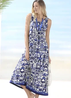 LAURINA Bade- & Strandmode|Kleider>Kleid mit farbbrillantem Druckdessin, ärmellos MARINE-BEIGE