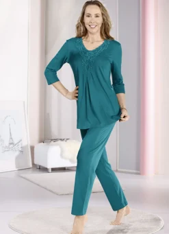 LAURINA Nachtwäsche|Damenwäsche>Schlafanzug mit großzügiger Motivspitze PETROL