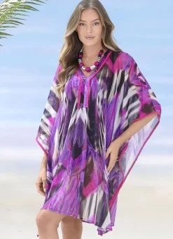 LAURINA Bade- & Strandmode|Kleider>Tunika, leicht transparent LILA-BUNT