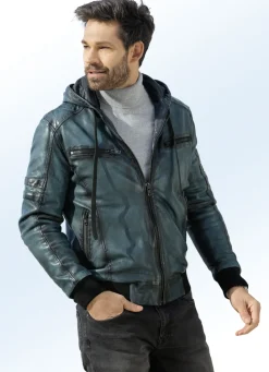 Jacken & Mäntel>Lederblouson mit angeschnittener Kapuze PETROL