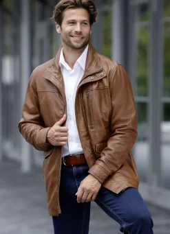 Jacken & Mäntel>Lederjacke mit Doppeltaschen ANTIKBRAUN