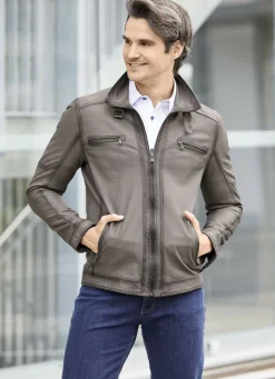 Jacken & Mäntel></noscript>Lederkurzjacke mit Steh-Umlegekragen ANTIKGRAU