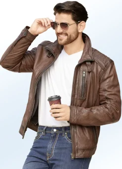 Jacken & Mäntel>Lederkurzjacke mit Zierstepp TABAKBRAUN