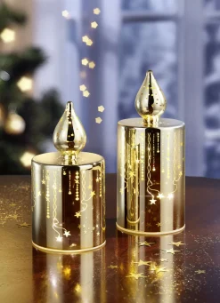 Weihnachtliche Dekorationen>LED-Kerzen aus Glas, 2er-Set GOLD