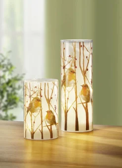 Dekoration>LED-Windlicht mit Rotkehlchen-Motiv, 2er-Set WEISS-BRAUN