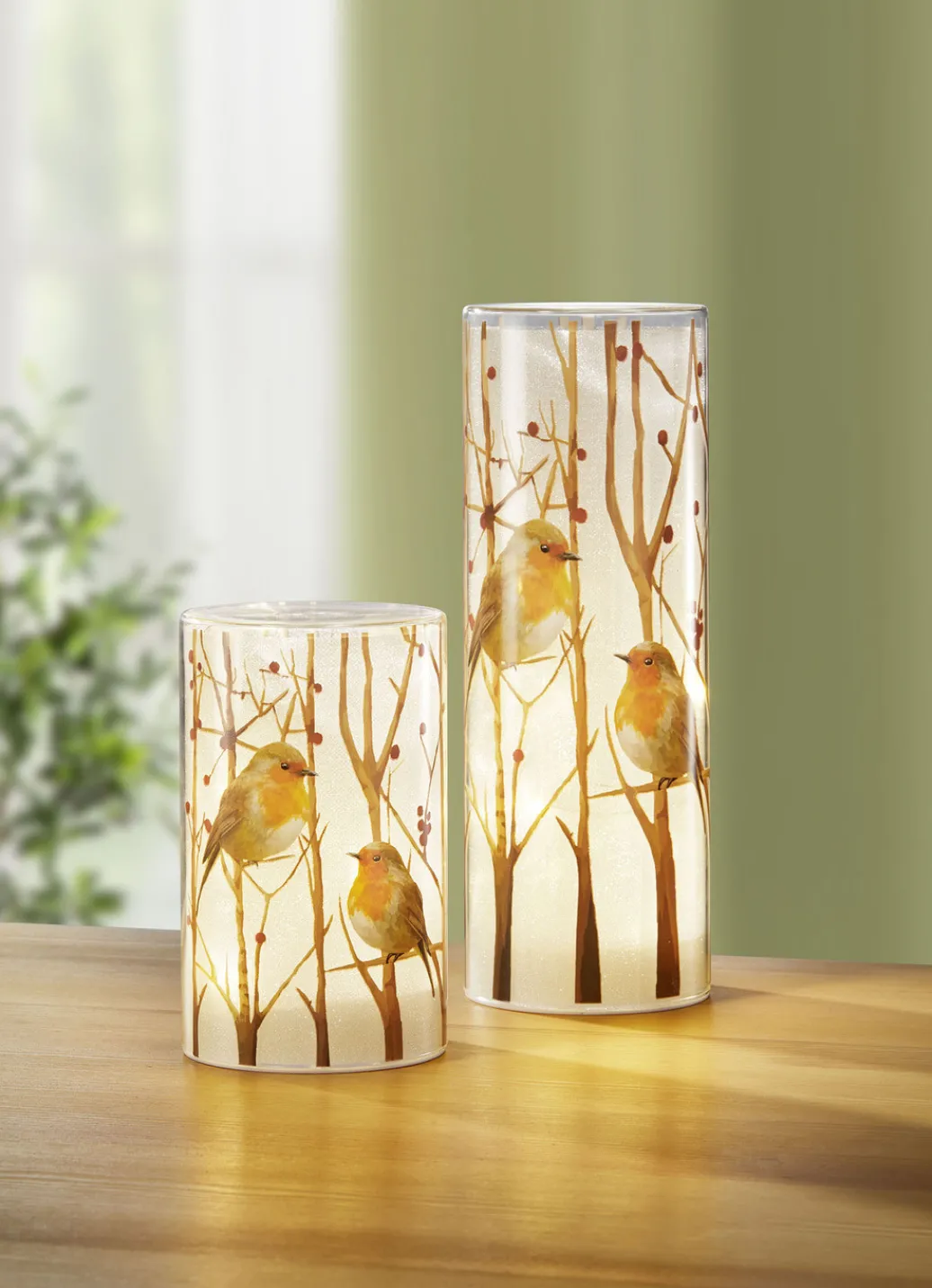 Dekoration>LED-Windlicht mit Rotkehlchen-Motiv, 2er-Set WEISS-BRAUN