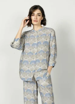 Blusen & Tuniken>Longbluse mit harmonischem Druck BLAU-TAUPE
