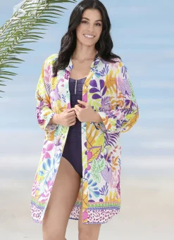 Bade- & Strandmode|Kleider>Longbluse mit langen Ärmeln und Bordürendruck MULTICOLOR
