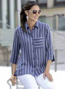 Blusen & Tuniken>Longbluse mit Streifen JEANSBLAU-WEISS