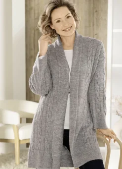 Pullover & Strickmode>Long-Strickjacke mit Zopfmuster GRAU MELIERT
