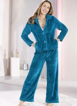 LAURINA Nachtwäsche|Damenwäsche>Lounge-Anzug von mit durchgeknöpftem Oberteil PETROL