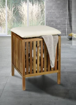 Möbel>Massiver Badhocker aus Akazienholz mit Wäschebehälter BRAUN-BEIGE