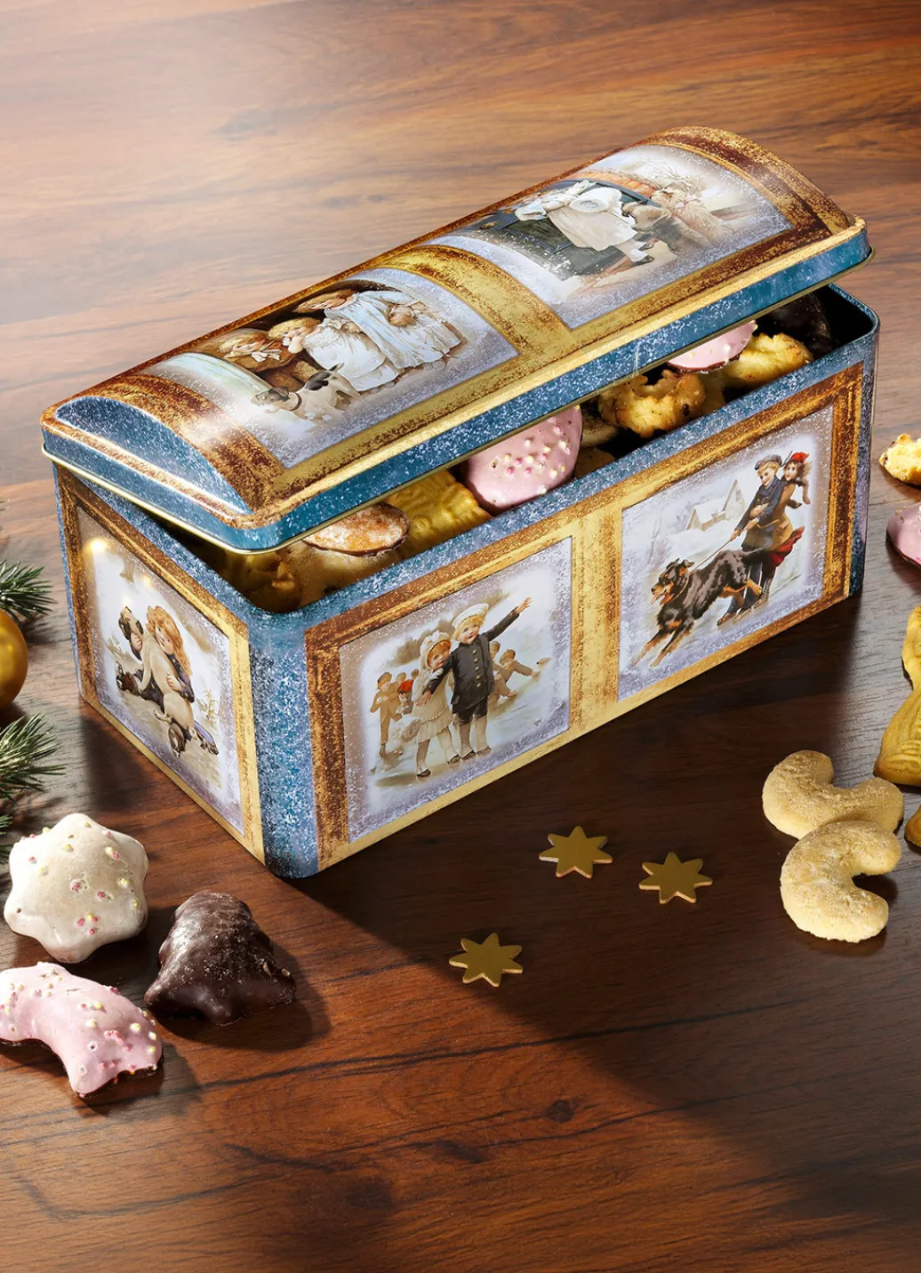 Weihnachtsleckereien|Weihnachtliche Geschenkideen>Metall-Truhe mit Weihnachtsgebäck BUNT