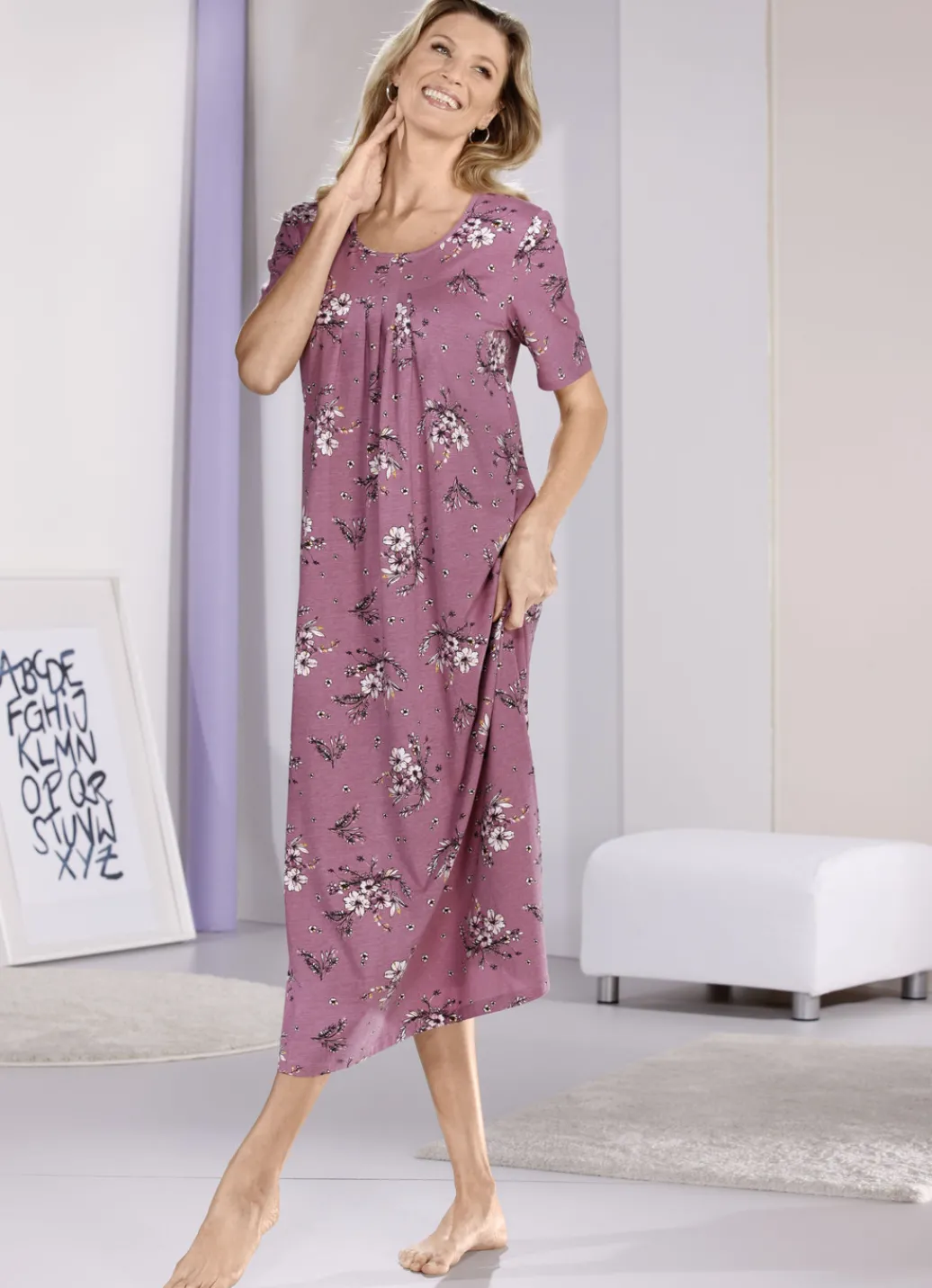 Nachtwäsche|Damenwäsche>Nachthemd, knöchellang mit kurzen Ärmeln