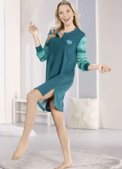 Nachtwäsche|Damenwäsche>Nachthemd, knielang mit Knopfleiste PETROL-BUNT