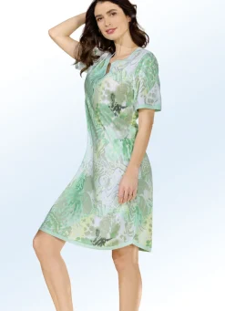 Nachtwäsche|Damenwäsche>Nachthemd, knielang mit Knopfleiste MINT-BUNT