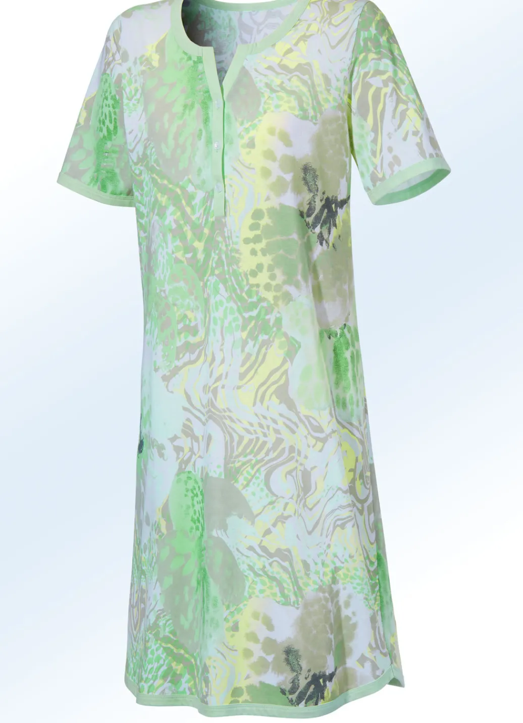 Nachtwäsche|Damenwäsche>Nachthemd, knielang mit Knopfleiste MINT-BUNT